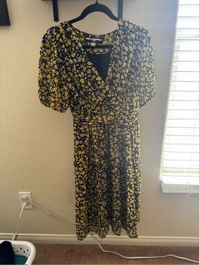Karl Lagerfeld Black Floral Midi Dress with Yellow Accents
